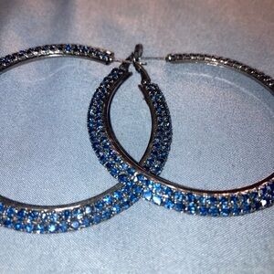 Vintage Banging Blue Rhinestone Hoop Earrings